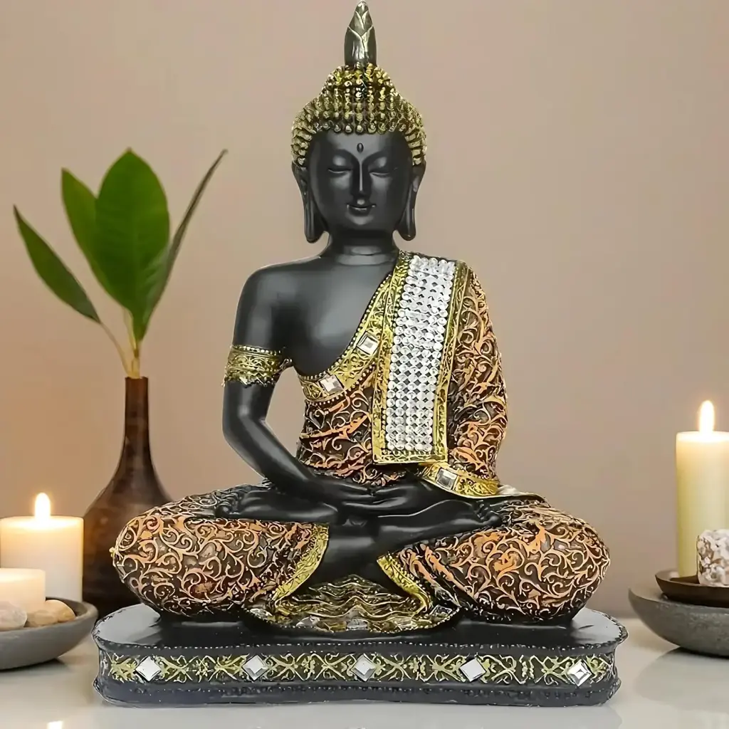 Global Grabbers New 25 Centimetre Meditating Sitting Buddha Statue showpiece Idol Home Decor Items for Living Room and Gifts (1, Orange Black)4.webp