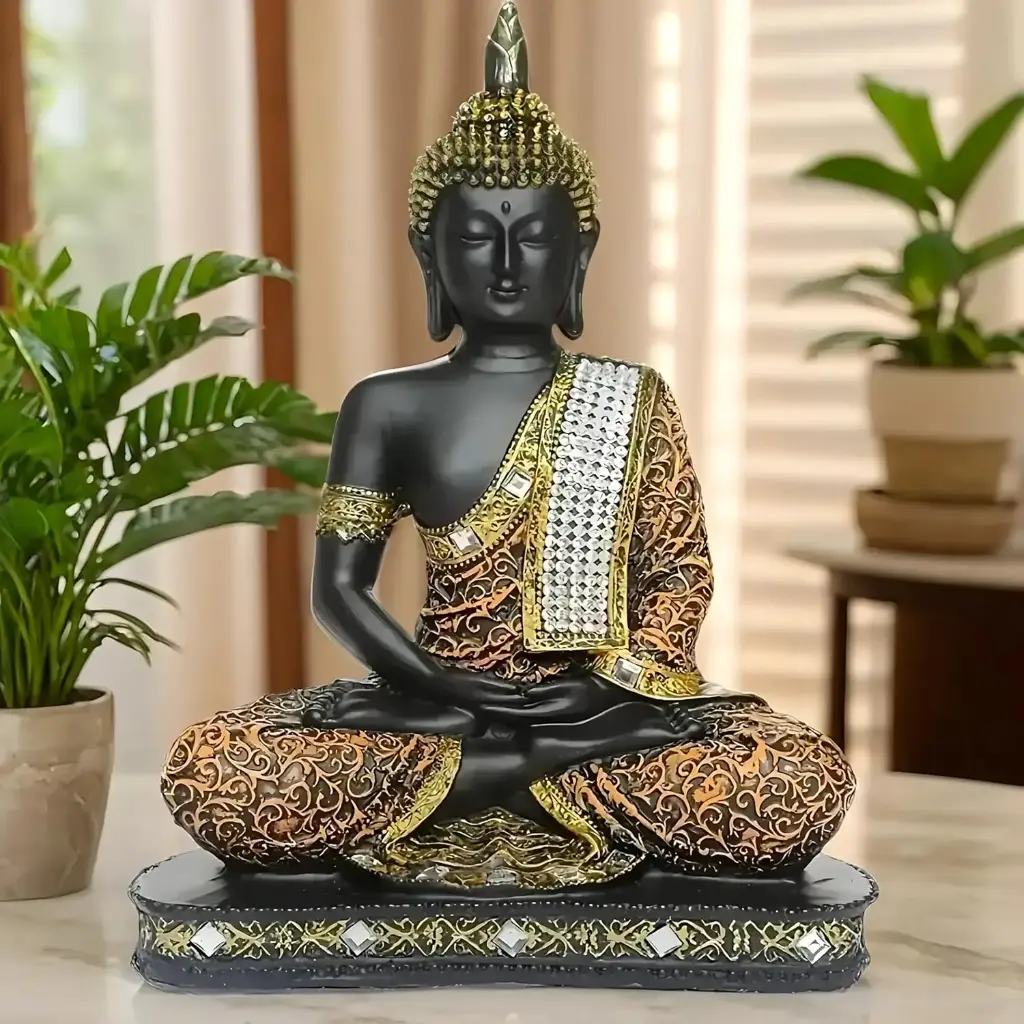 Global Grabbers New 25 Centimetre Meditating Sitting Buddha Statue showpiece Idol Home Decor Items for Living Room and Gifts (1, Orange Black)2.webp