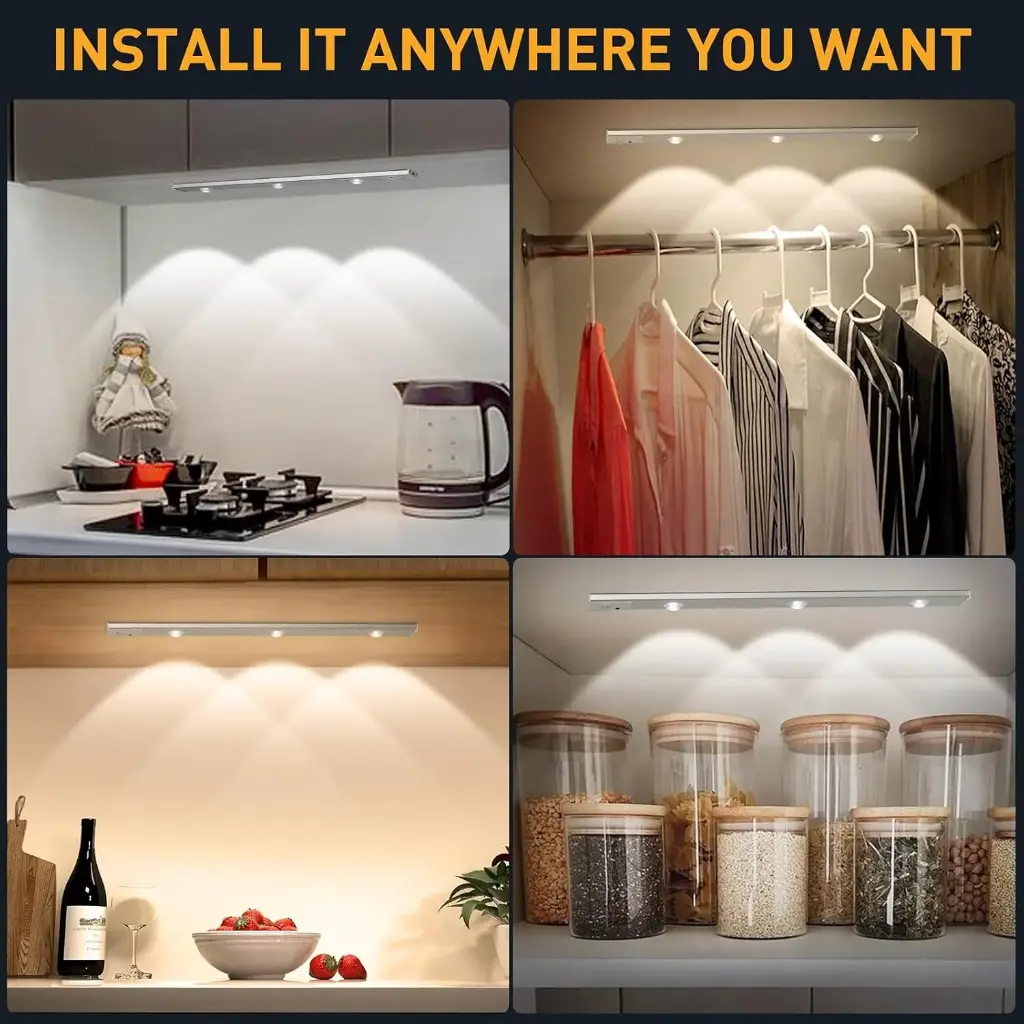 One94Store Plastic 40cm Motion Sensor Under Cabinet LED, 1200mAh Battery, Dimmable USB Rechargeable Closet Lamp, Wireless Stick-On for Wardrobe, Kitchen, Stairs (Pack of 1) Yellow3 (1).webp