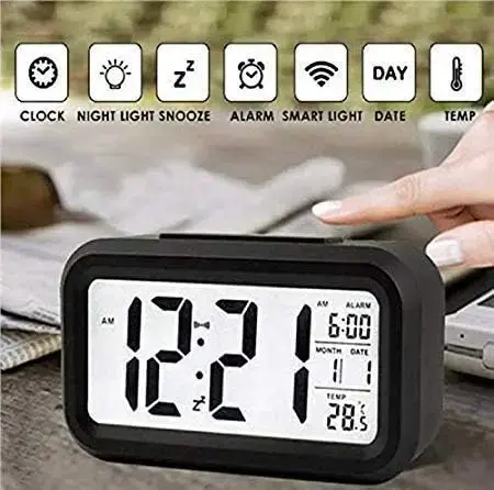 AERYS Digital Alarm Clock with Automatic Sensor, Date and Temperature Display, Compact Desk Table Clock for Students, Home, Office, Bedroom, Living Room,Home Decor, Corporate Use (Black Digital)5.webp
