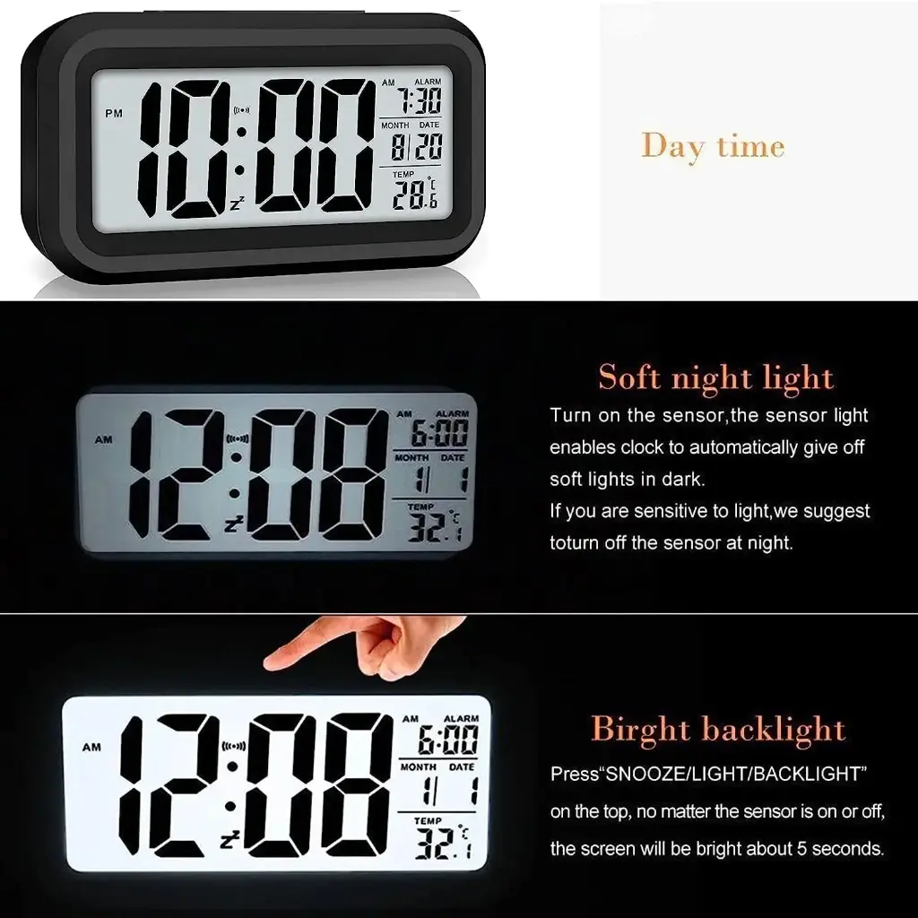 AERYS Digital Alarm Clock with Automatic Sensor, Date and Temperature Display, Compact Desk Table Clock for Students, Home, Office, Bedroom, Living Room,Home Decor, Corporate Use (Black Digital)3.webp