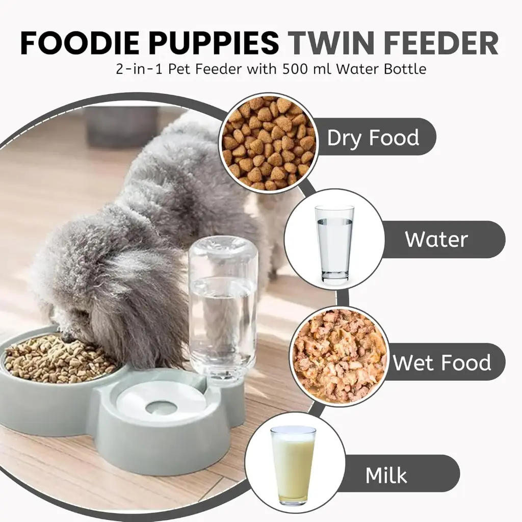 Foodie Puppies 2in1 Pet Feeding Bowl and Water Bottle Set for Puppies and Cats _ Stainless Steel Bowl _ Wet and Dry Food Bowl with Automatic Water Flowing Dispenser Bottle, (Twin Feeder)7.webp