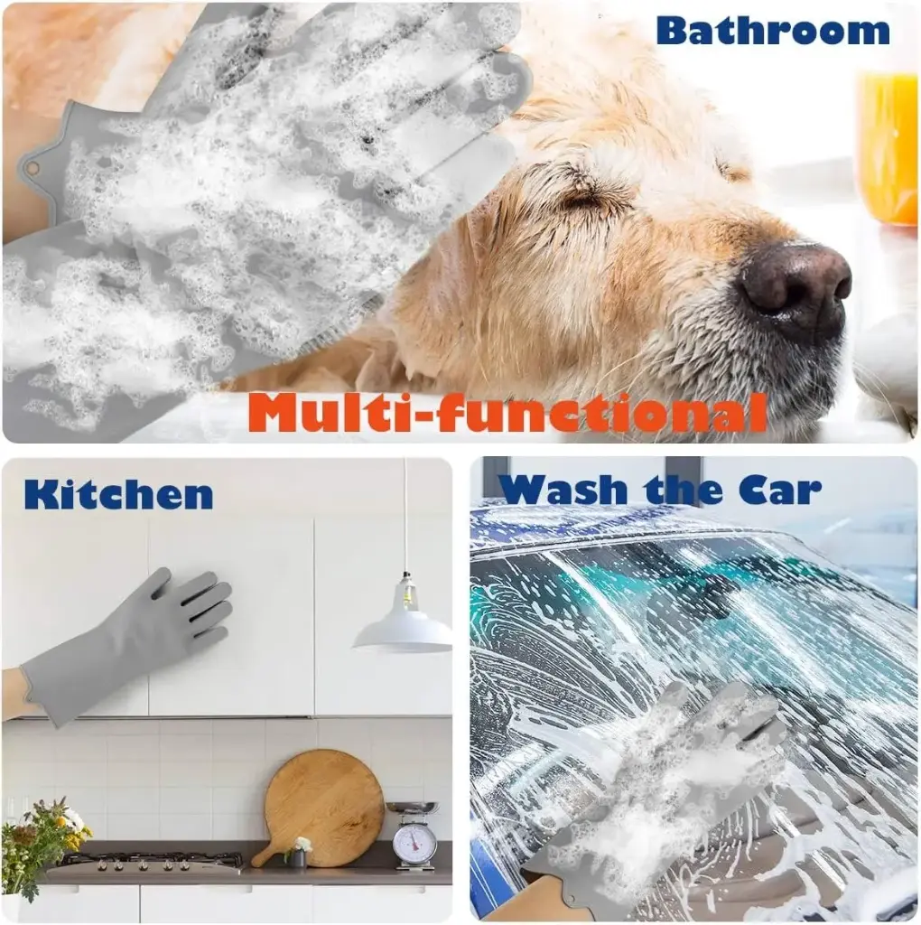 Deriz 1 pair of silicon dog bathing hand gloves + Pet Dog Bath Brush Soft Silicone Dog Shampoo Brush, Brush Hair Fur Grooming Cleaning Brush Soft Shampoo Dispenser Multi2.webp
