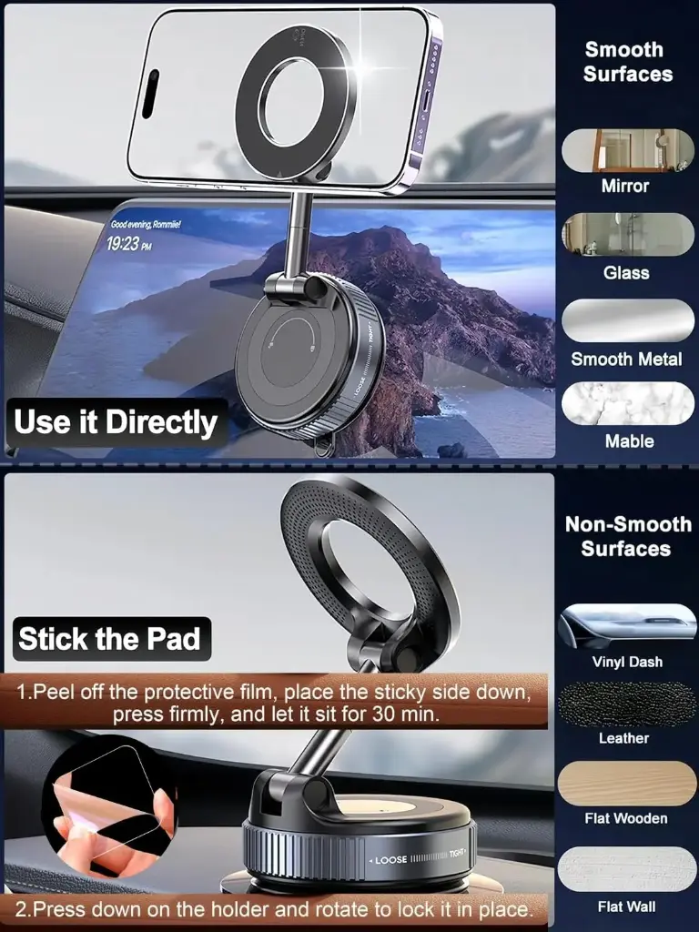 Yootech 360° Vaccum Magnetic Phones Holder, Magnetic Car Phone Mount, Hands-Free Suction Cup Phones Holder for Car_Gym_Mirror_Shower, Car Mount Compatible with All Mobile (Extended)5.webp