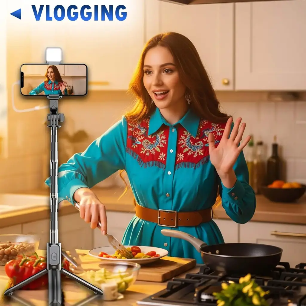 Kratos K14 Selfie Stick Tripod, 100CM Length with Light, 3 in 1 Multifunctional Design, Rechargable LED Light with Two Brighness Levels for Make up, Selfie & Photo Shoot with Bluetooth Remote6.webp