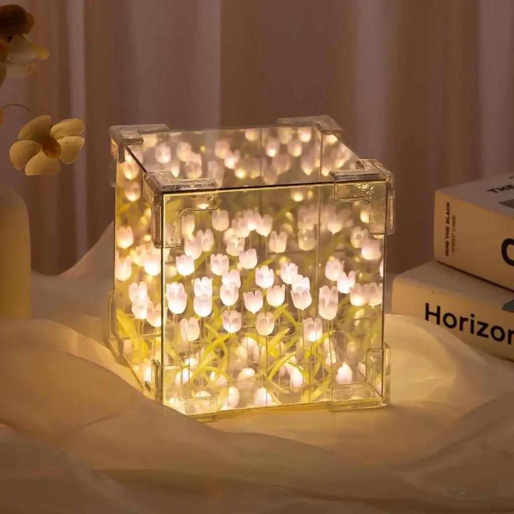 Dykidrah DIY Tulip Cube Mirror Lamp, 30 Flowers LED Decorative Lamp, 2 in 1 Mirror Night Lamp  (12 cm, Multicolor)-1.webp.jpg