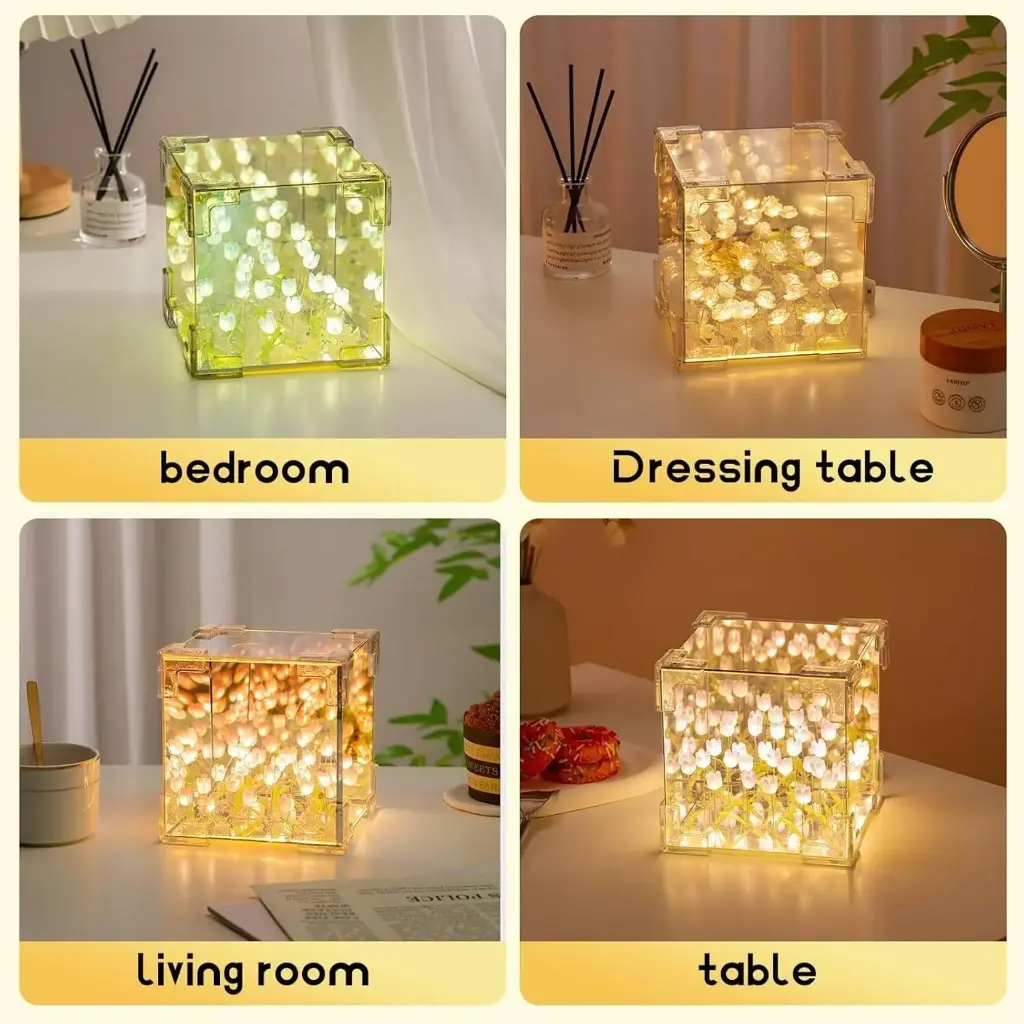 Dykidrah DIY Tulip Cube Mirror Lamp, 30 Flowers LED Decorative Lamp, 2 in 1 Mirror Night Lamp (12 cm, Multicolor)-3.webp.jpg