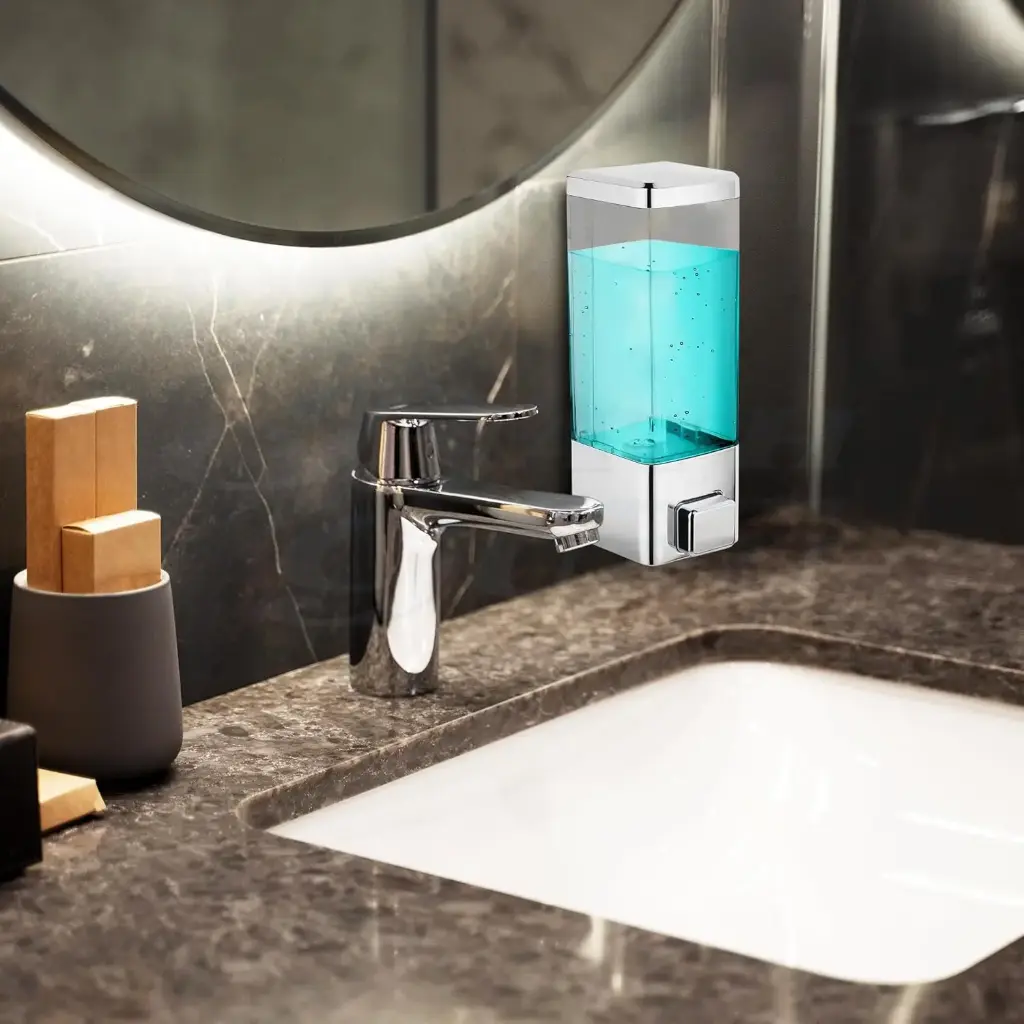 BATH GURU ABS Plastic Wall Mounted Soap Shampoo Conditioner Hand Wash Gel Dispenser Liquid Soap Sanitizer Dispenser for Bathroom Basin Kitchen Sink 350 Ml Pack of 1 Chrome Plated1.webp