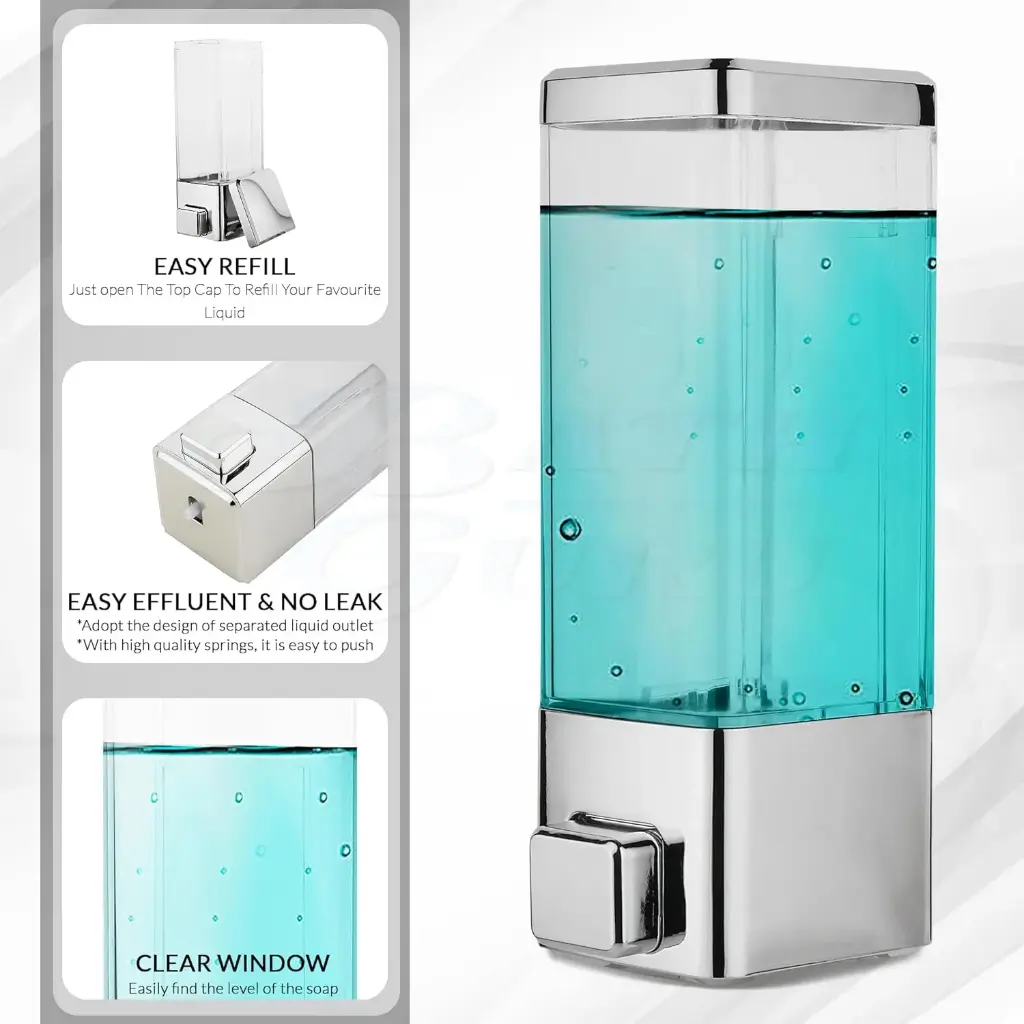 BATH GURU ABS Plastic Wall Mounted Soap Shampoo Conditioner Hand Wash Gel Dispenser Liquid Soap Sanitizer Dispenser for Bathroom Basin Kitchen Sink 350 Ml Pack of 1 Chrome Plated5.webp