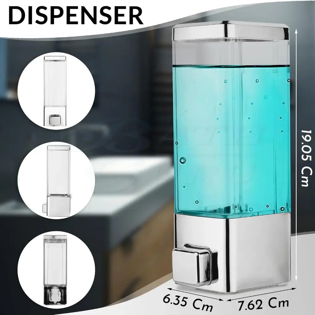 BATH GURU ABS Plastic Wall Mounted Soap Shampoo Conditioner Hand Wash Gel Dispenser Liquid Soap Sanitizer Dispenser for Bathroom Basin Kitchen Sink 350 Ml Pack of 1 Chrome Plated2.webp