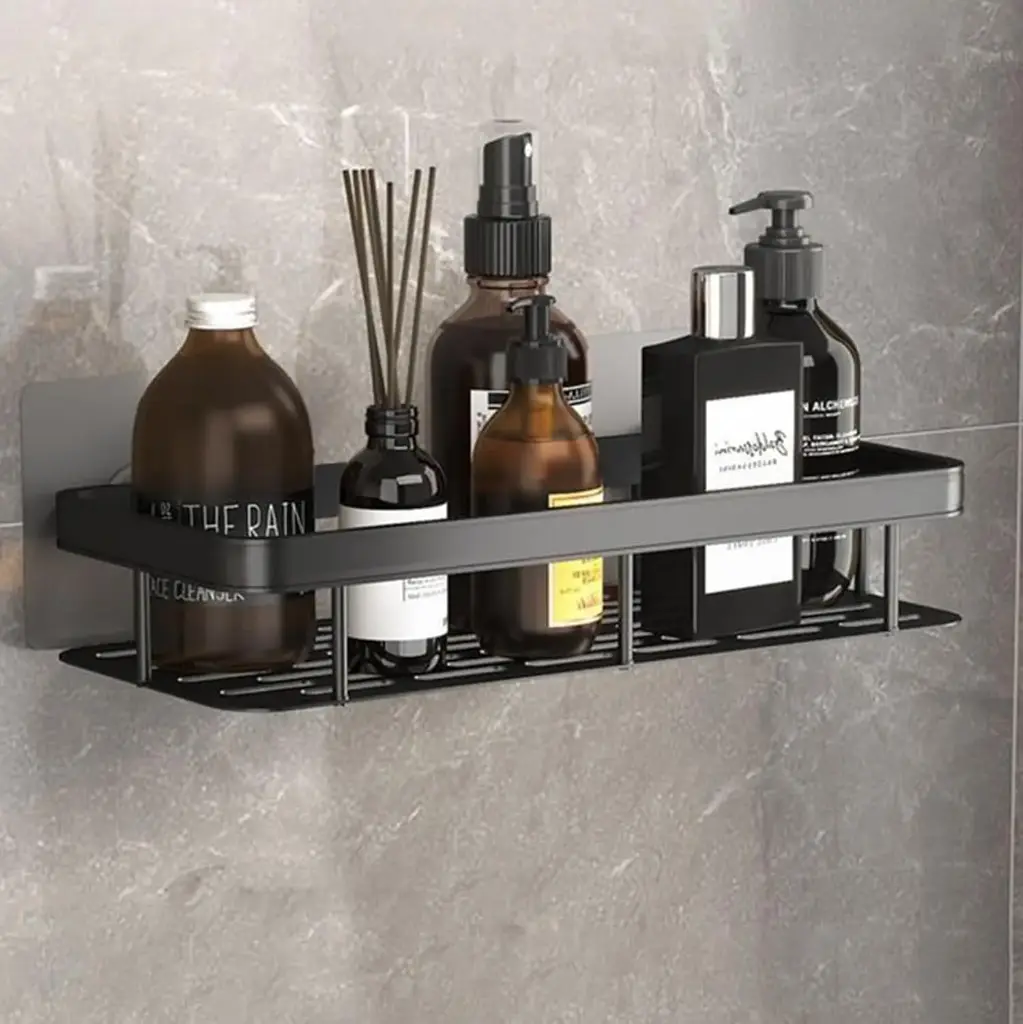SR Self-Adhesive Multipurpose Wall Mounted Bathroom Shelves _ Space-Saving Storage Organizer Racks for Bathroom and Kitchen Accessories _ Stylish Wall Stand for Home, Office Use (Black-Pack of 1)5.webp