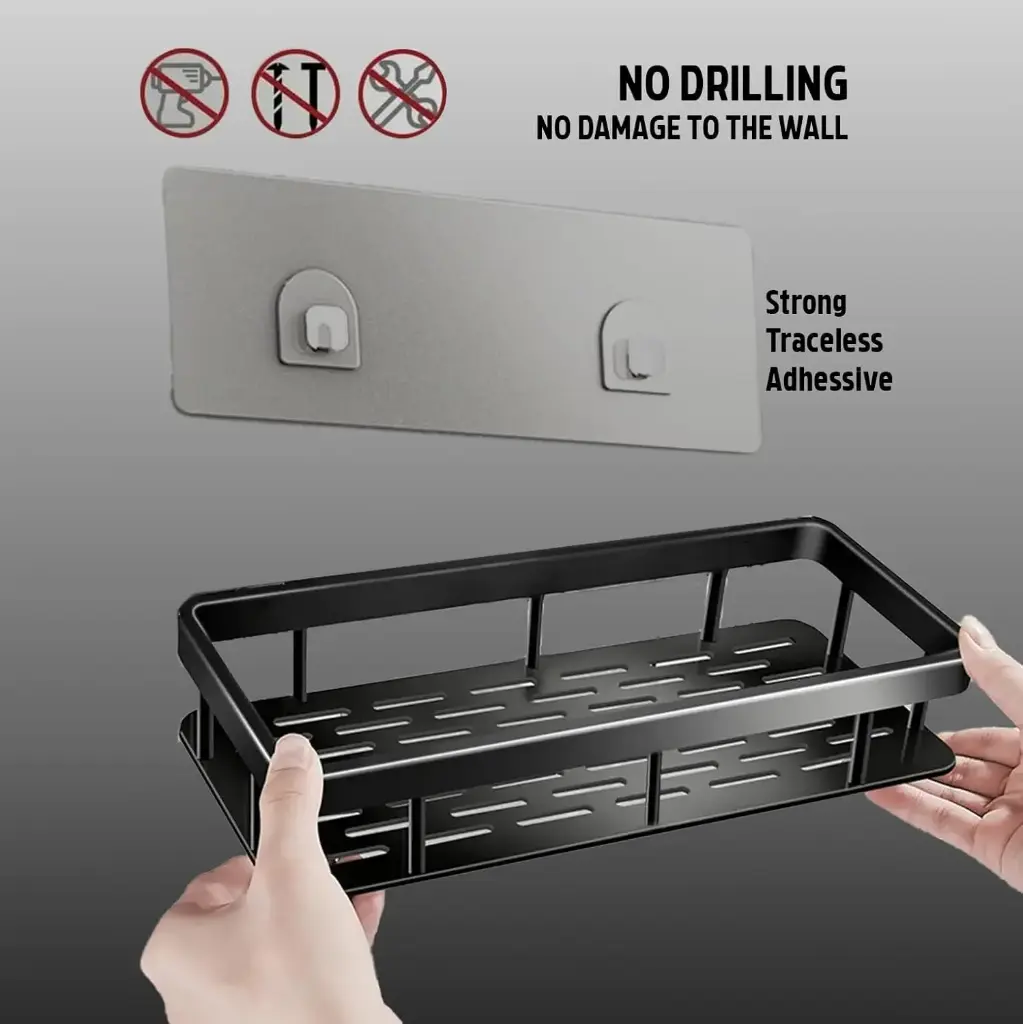 SR Self-Adhesive Multipurpose Wall Mounted Bathroom Shelves _ Space-Saving Storage Organizer Racks for Bathroom and Kitchen Accessories _ Stylish Wall Stand for Home, Office Use (Black-Pack of 1)3.webp