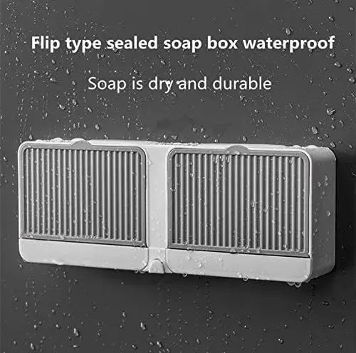 K.B. SALES Plastic Innovative No-Drilling Wall Mounted Soap Box With Lid-Double Grids Soap Draining Rack For Bathroom,Toilet,Laundry-Creative Soap Holder With Drain Tray,Self-Adhesive Design (White)4.webp