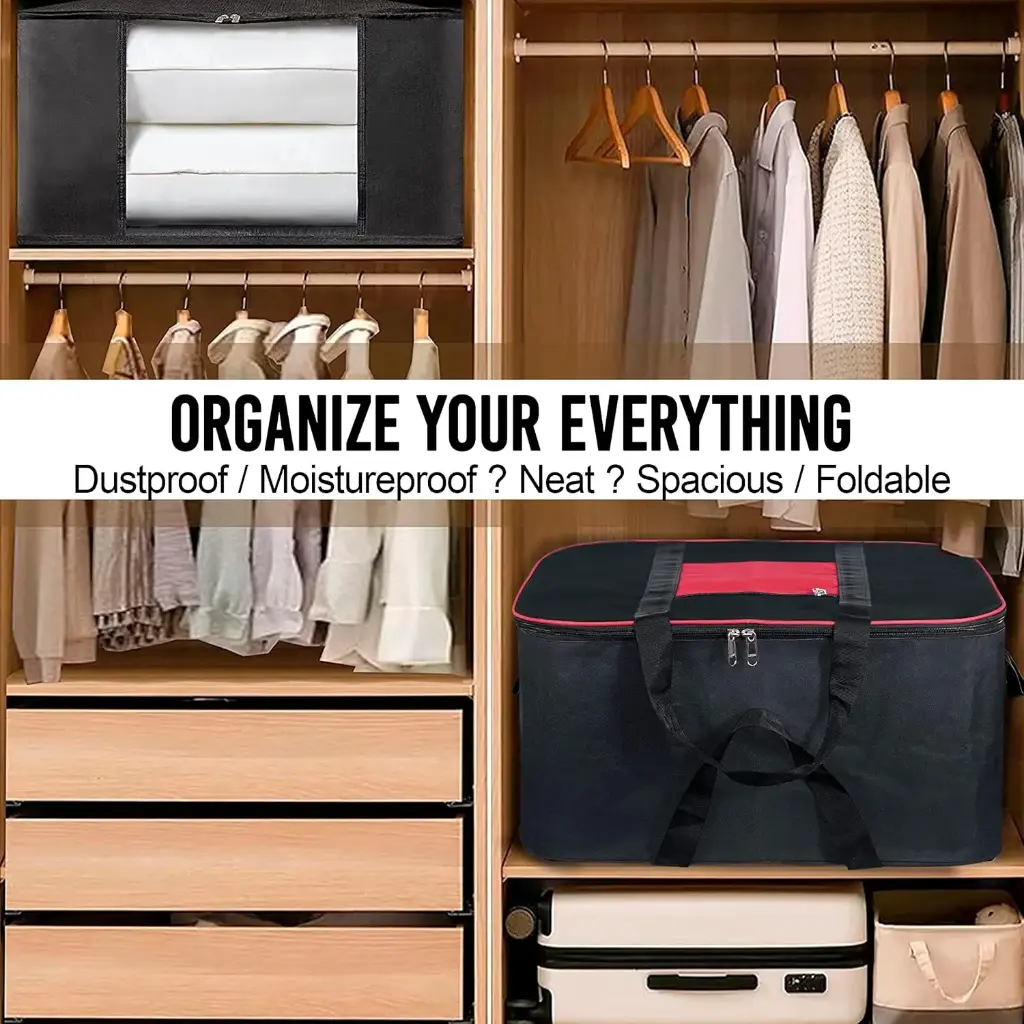 Storite Nylon Big Underbed Storage Bag Moisture Proof Cloth Organiser with Zippered Closure and Handle(BlackRed, 54x46x28cm) Rectangular6.webp