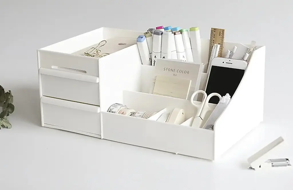 Shuttle Art Office Desk Organizer with Drawer, All in One Office Supplies and Cool Desk Accessories Pen Holder, Enhance Your Decor, Desktop 8-Compartment Laddered Desk Organizer(White)7.webp