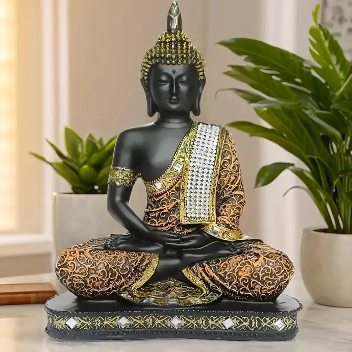 Meditating Sitting Buddha Statue showpiece Idol for Office Desk, Home Decor and Gifts (1, Orange Black)