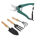 4 Pcs Gardening Tool Set – Pruner, Cultivator, Trowel & Fork with Wooden Handle for Planting & Pruning
