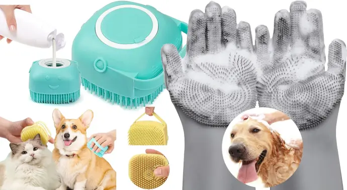 Silicone Dog Bathing Gloves & Pet Shampoo Brush – Soft Grooming, Cleaning & Hair Removal