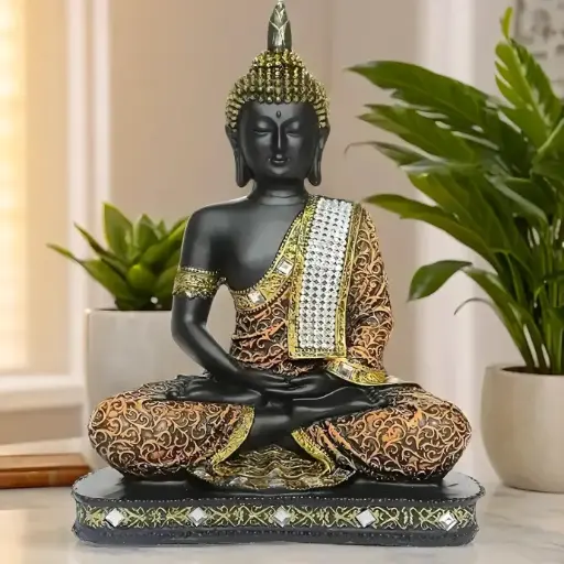 [HIGHLIGHT001] Meditating Sitting Buddha Statue showpiece Idol for Office Desk, Home Decor and Gifts (1, Orange Black)