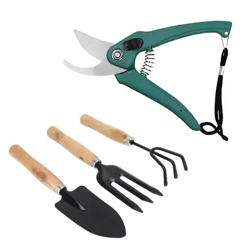 [WATER001] 4 Pcs Gardening Tool Set – Pruner, Cultivator, Trowel & Fork with Wooden Handle for Planting & Pruning